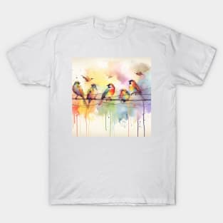 Cute brightly colored birds on a wire T-Shirt